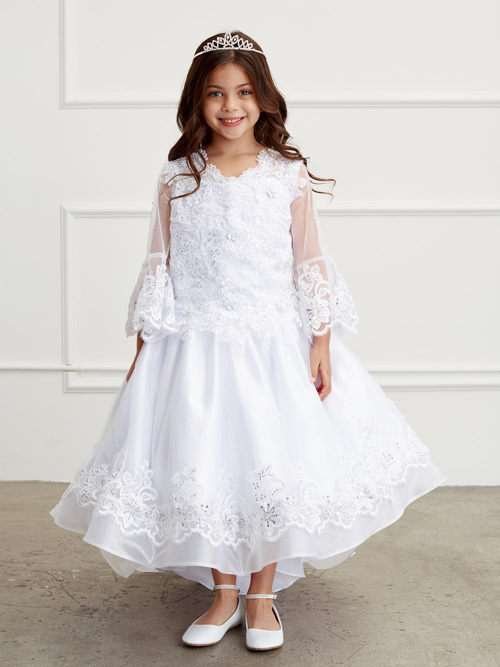Flower Girl Dress with long Mesh Sleeves and Organza Overlay by TIPTOP KIDS