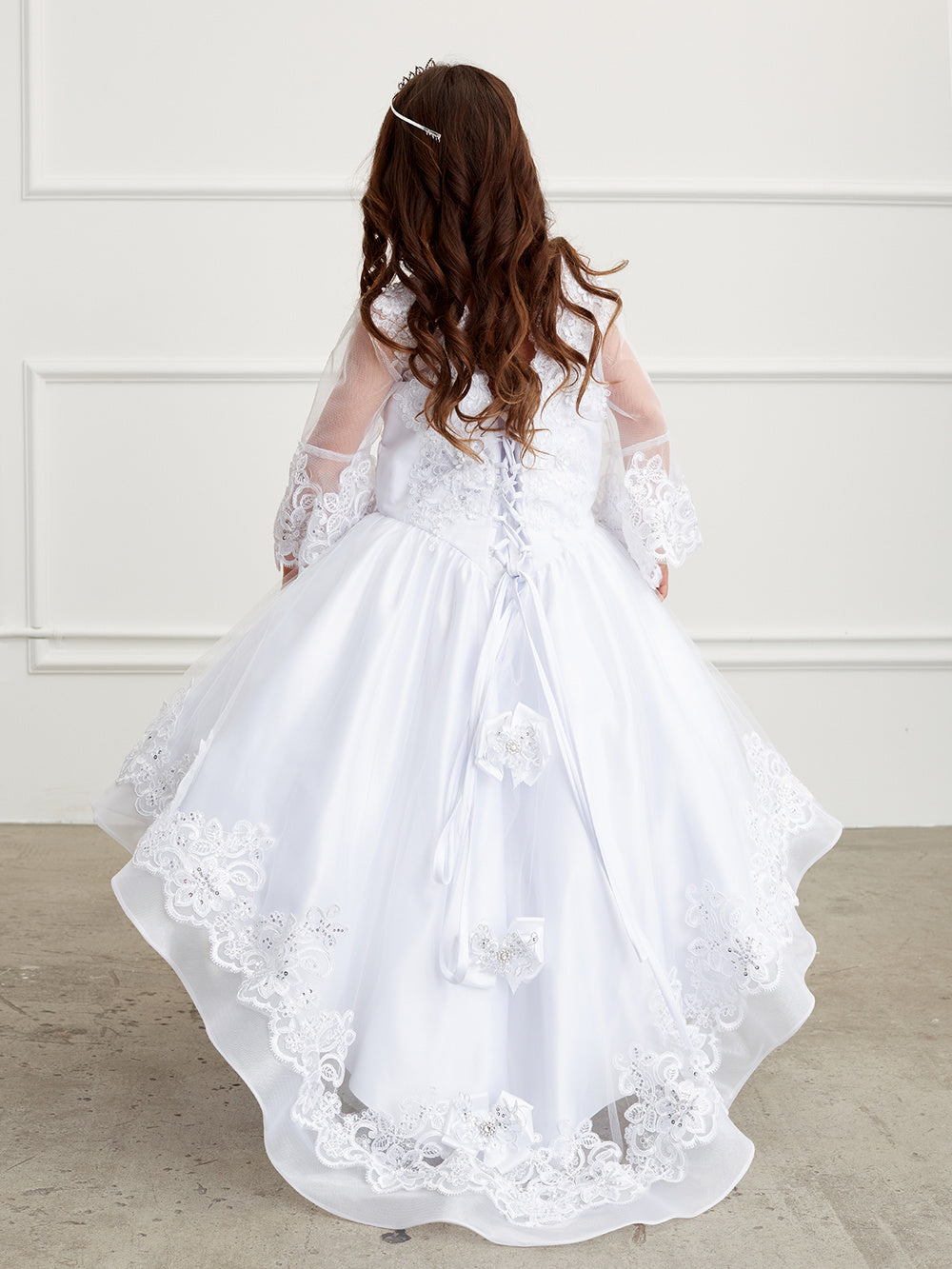 Flower Girl Dress with Long Mesh Sleeves and Organza Overlay by Tiptop Kids - AS1201 White / 12