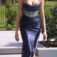 Embellished Navy Satin Corset Gown By Ladivine CD291 - Women Evening Formal Gown - Special Occasion