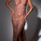 One Shoulder Corset Sequins Slit Gown By Ladivine CD884 - Women Evening Formal Gown - Special Occasion