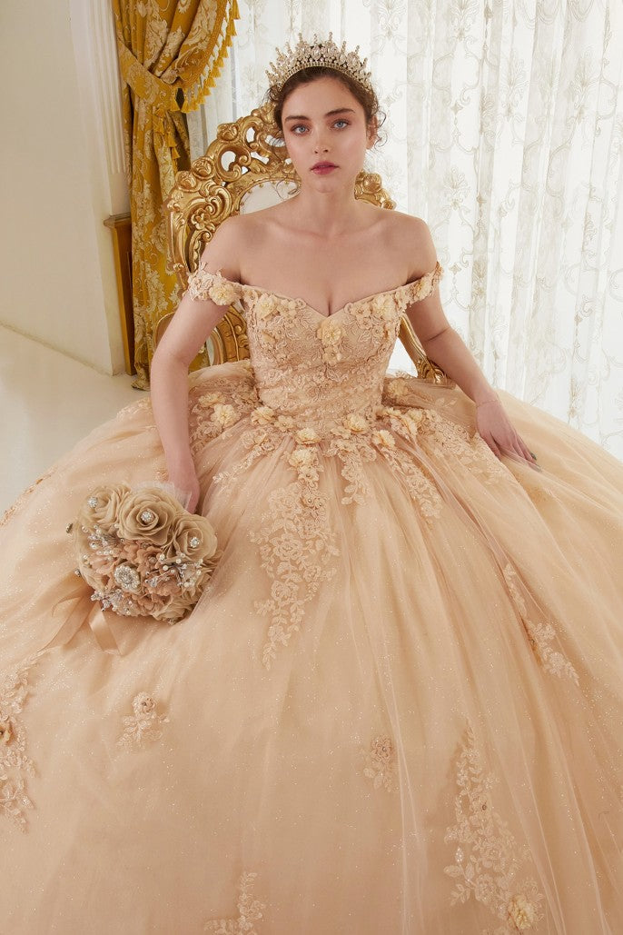 Off The Shoulder Floral Quinceanera Ball Gown By Ladivine 15702 Champagne / 2X