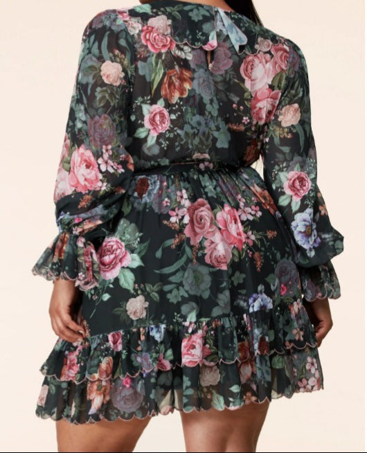 Long Sleeve Floral Print Mini Dress - Sales/Curves