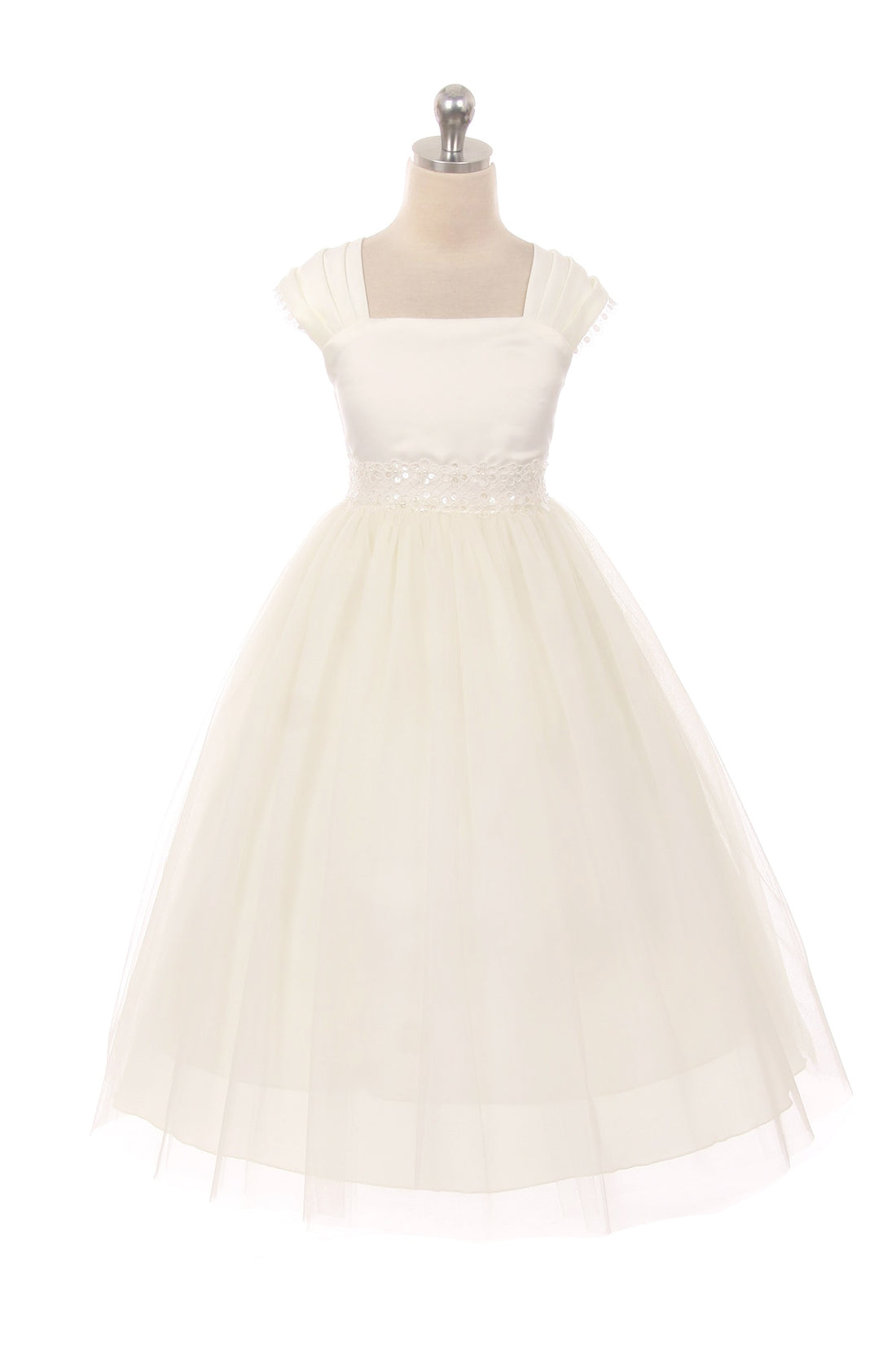 Pleated Capped Sleeve Long Girls Dress 10 / Ivory Pleated Capped Sleeve Long Girls Dress 10 / Ivory