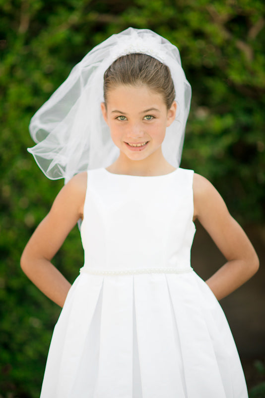 white christmas dresses Classic Round Necked Flower Girl Dresses Kids' Sleeves Tulle Gown with Bow Communion Dress, White / 100 cm