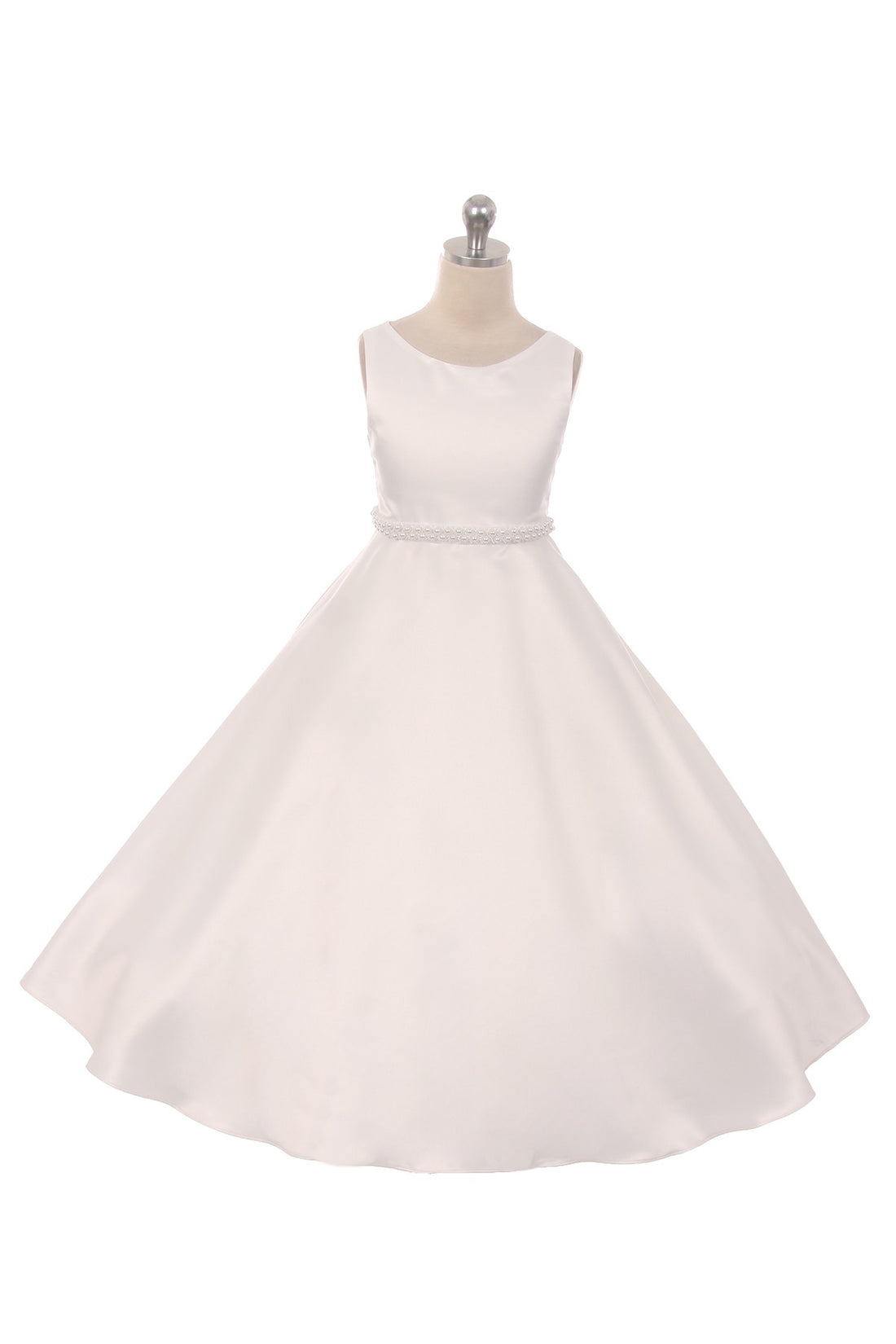 Long Satin Pearl Trim Girls Communion Dress with Plus Sizes 6 / Ivory