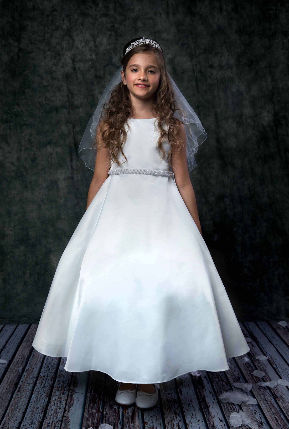 Long Satin Pearl Trim Girls Communion Dress with Plus Sizes 6 / Ivory Long Satin Pearl Trim Girls Communion Dress with Plus Sizes 6 / Ivory