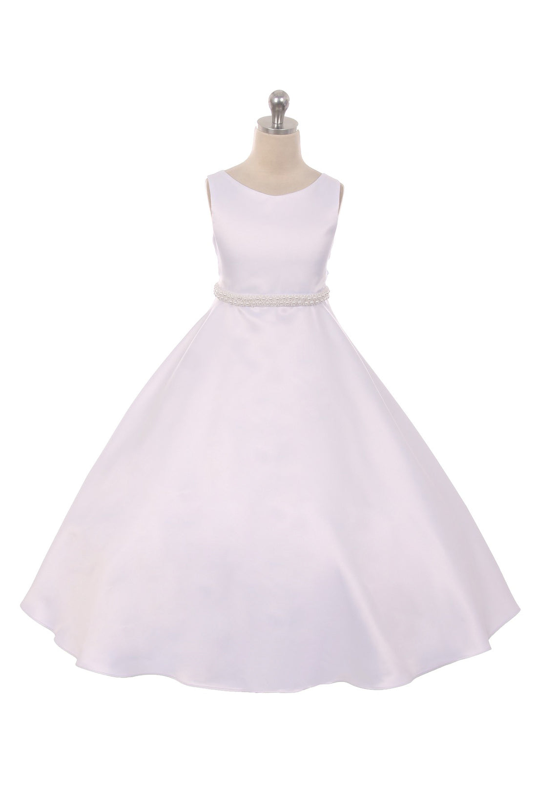 Long Satin Pearl Trim Girls Communion Dress with Plus Sizes 6 / Ivory