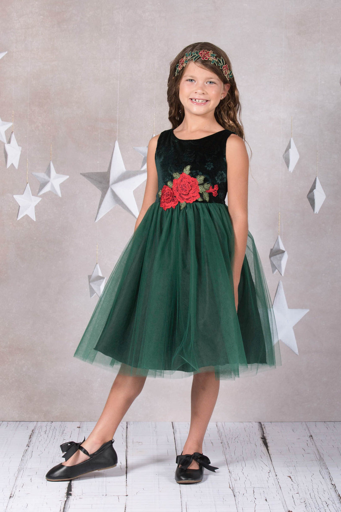 Velvet Rose Patch Girl Party Dress by AS396 Kids Dream - Girl Formal Dresses Green / 10 Velvet Rose Patch Girl Party Dress by AS396 Kids Dream - Girl Formal Dresses Green / 10