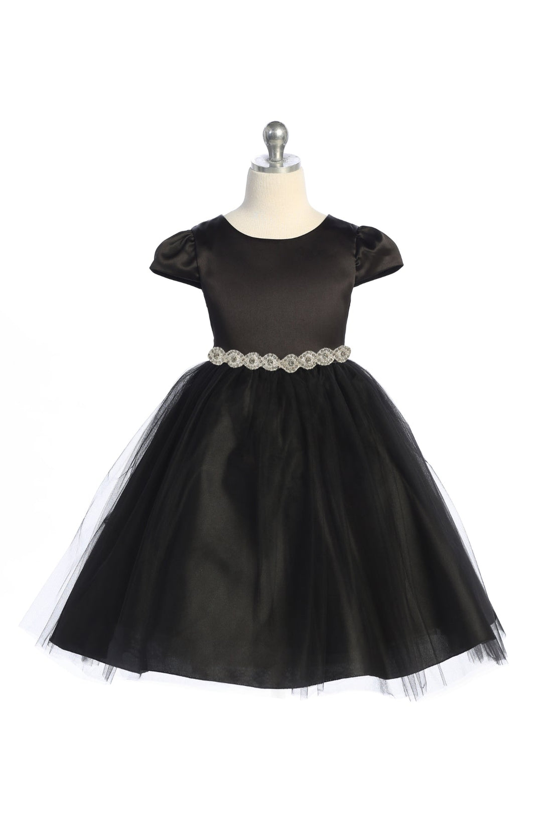 Capped Sleeve Satin & Tulle Girls Dress with Braided Rhinestone Trim 2 / Red