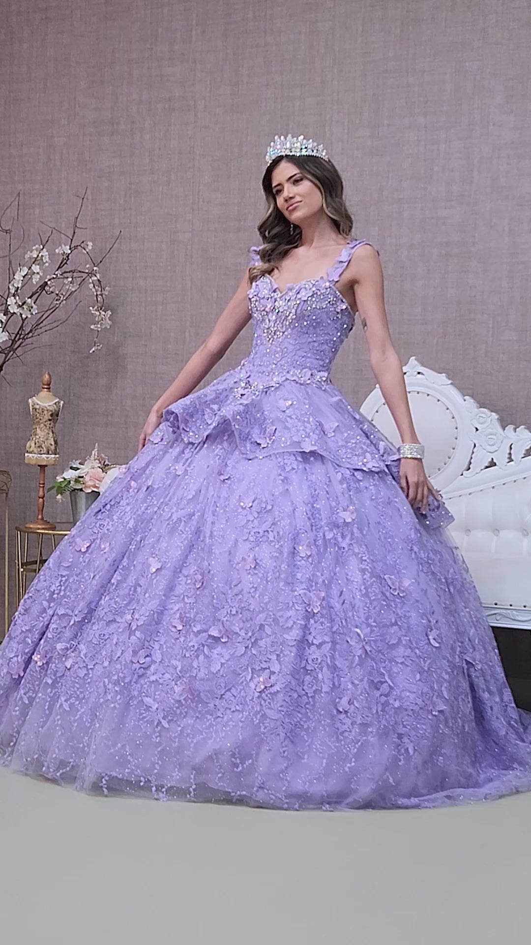 Jewel Mesh Quinceanera Gown w/ 3-D Butterfly Appliques and Long Mesh Capes by Elizabeth K - GL3104