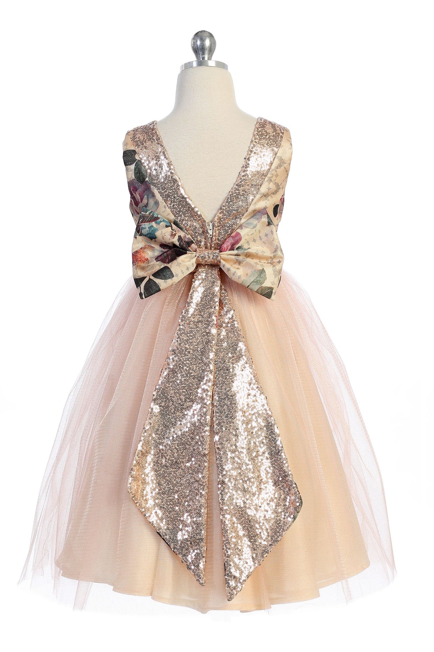 Vintage Floral Rose Gold Sequin Back V Girl Party Dress by AS520 Kids Dream - Girl Formal Dresses