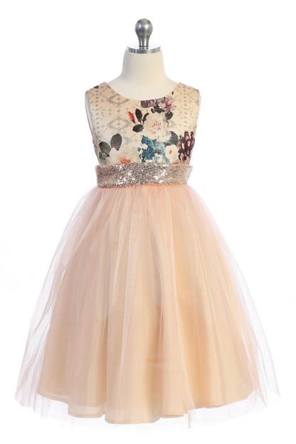 Vintage Floral Rose Gold Sequin Back V Girl Party Dress by AS520 Kids Dream - Girl Formal Dresses