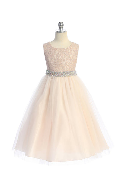 Long Lace Illusion with Thick Rhinestone Trim Girl Party Dress by AS524-E Kids Dream - Girl Formal Dresses