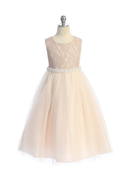 Long Lace Illusion with Thick Pearl Trim Girl Party Dress by AS524C Kids Dream - Girl Formal Dresses
