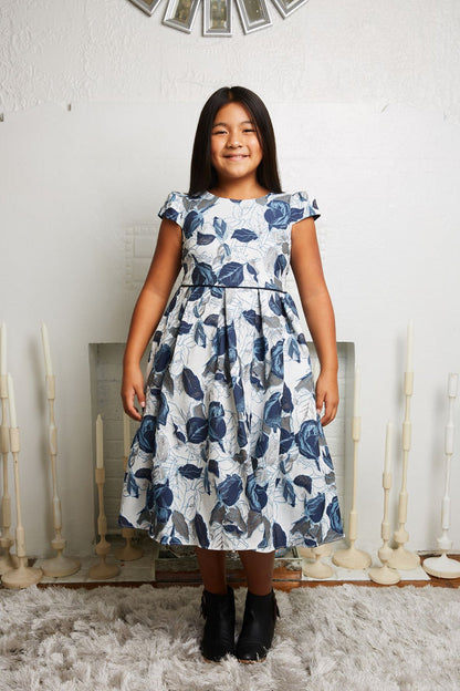 Blue Leaf Jacquard Girl Party Dress by AS550 Kids Dream - Girl Formal Dresses