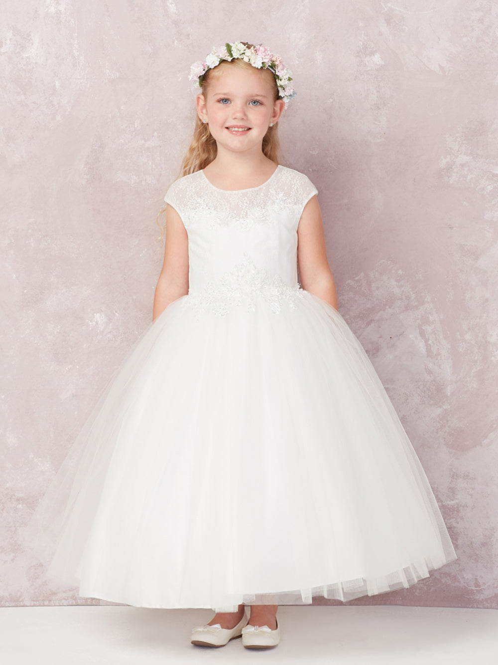 Flower Girl Dress with Cap Sleeved Illusion Neckline Dress by TIPTOP KIDS - AS5755