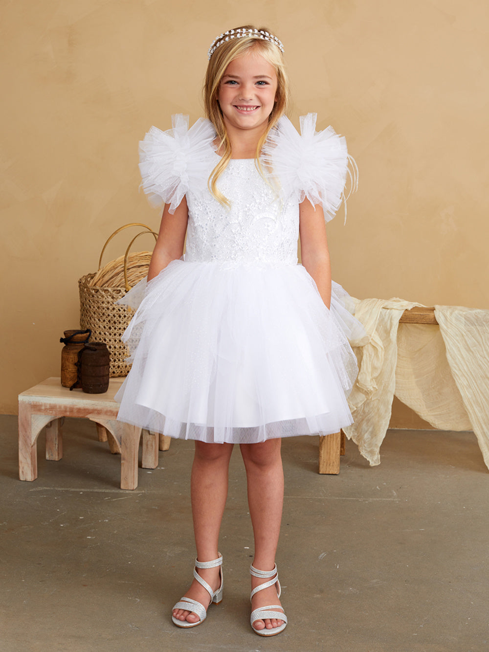 strapless open back dress Girl Party Dress with Lace Applique and Fluffy Sleeves by Tiptop Kids
