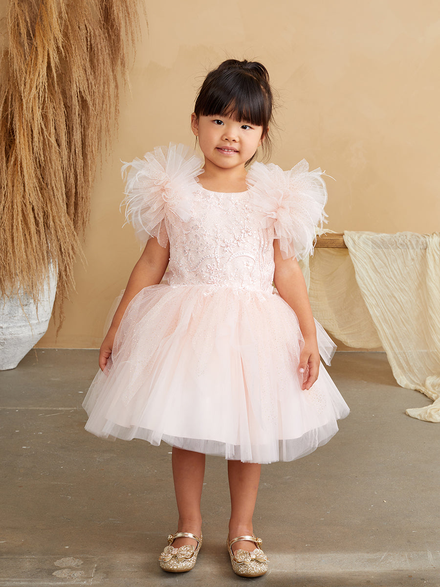 Girl Party Dress with Lace Applique and Fluffy Sleeves by Tiptop Kids - AS5848 Blush / 4 Girl Party Dress with Lace Applique and Fluffy Sleeves by Tiptop Kids - AS5848 Blush / 4