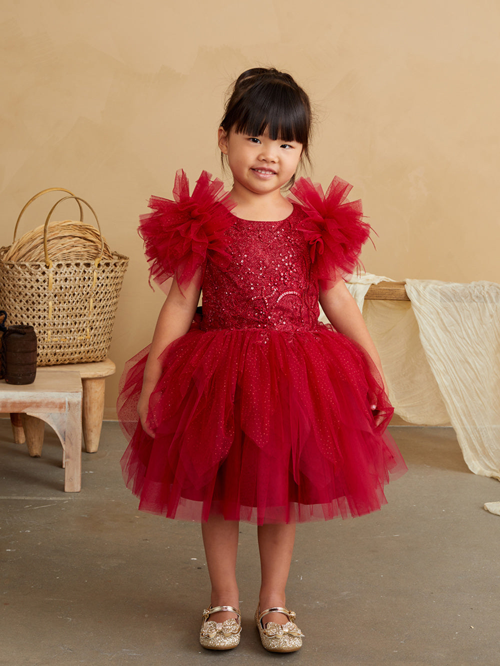 Girl Party Dress with Lace Applique and Fluffy Sleeves by TIPTOP KIDS - AS5848 Red / 2 Girl Party Dress with Lace Applique and Fluffy Sleeves by TIPTOP KIDS - AS5848 Red / 2