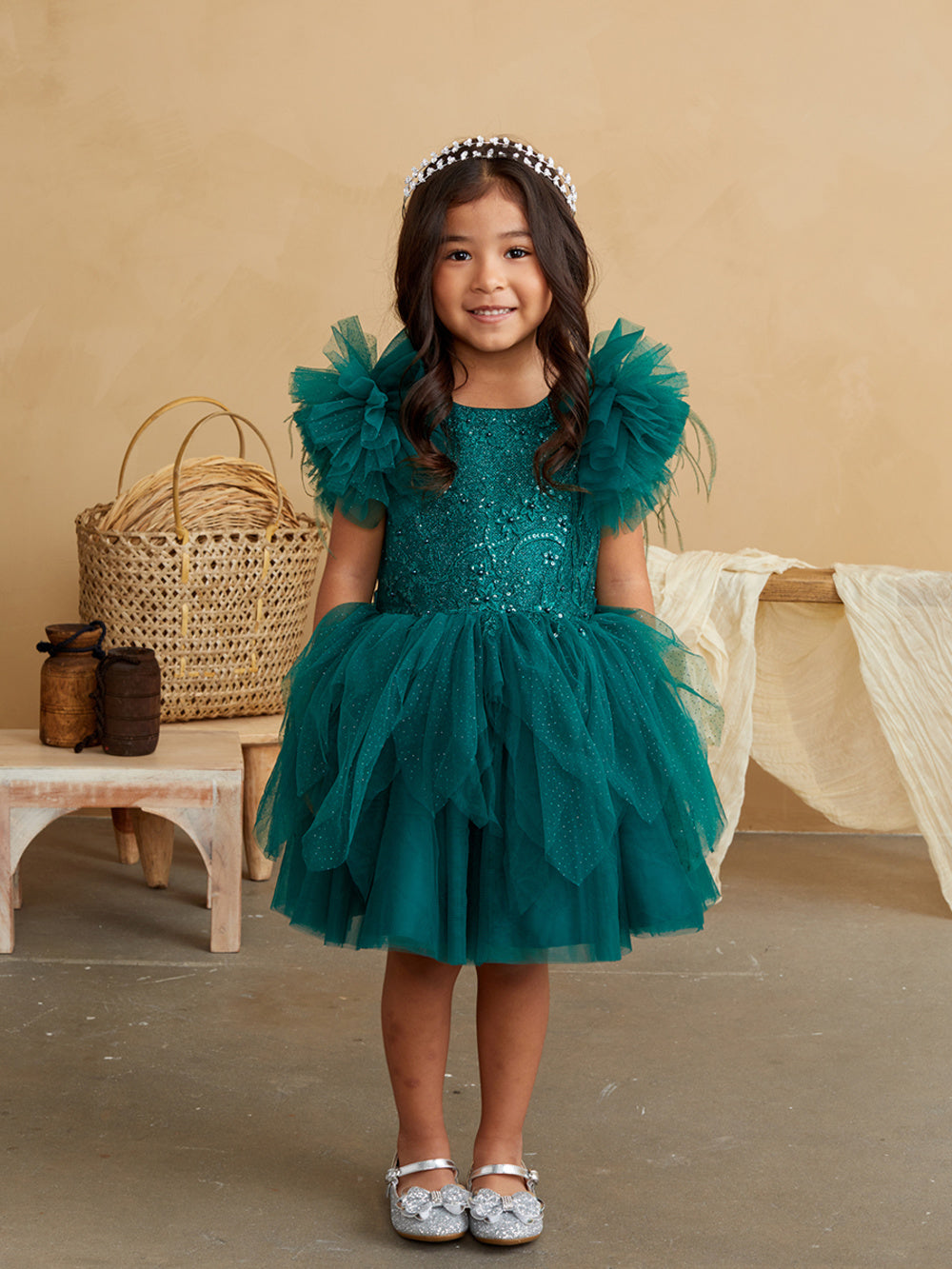 Girl Party Dress with Lace Applique and Fluffy Sleeves by Tiptop Kids