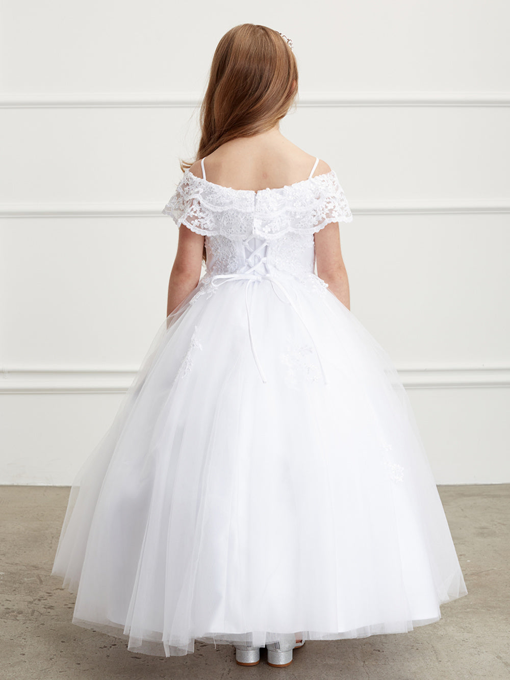 Girl Mini Quince Dress - Off Shoulder Lace Overlay with Mesh Skirt by TIPTOP KIDS - AS7033 Blush / 4