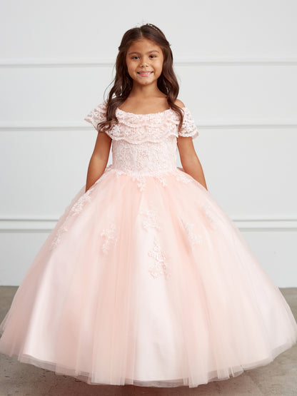 Girl Mini Quince Dress - Off Shoulder Lace Overlay with Mesh Skirt by TIPTOP KIDS Girl Mini Quince Dress - Off Shoulder Lace Overlay with Mesh Skirt by TIPTOP KIDS