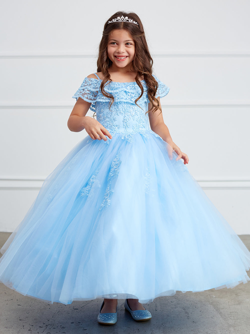 Girl Mini Quince Dress - Off Shoulder Lace Overlay with Mesh Skirt by TIPTOP KIDS