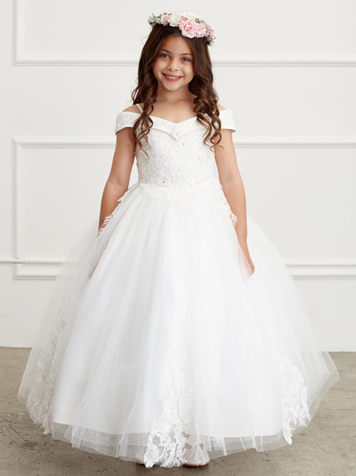 Off The Shoulder Ball Gown Mini Quince Girl Dress with Lace Applique by Tiptop Kids