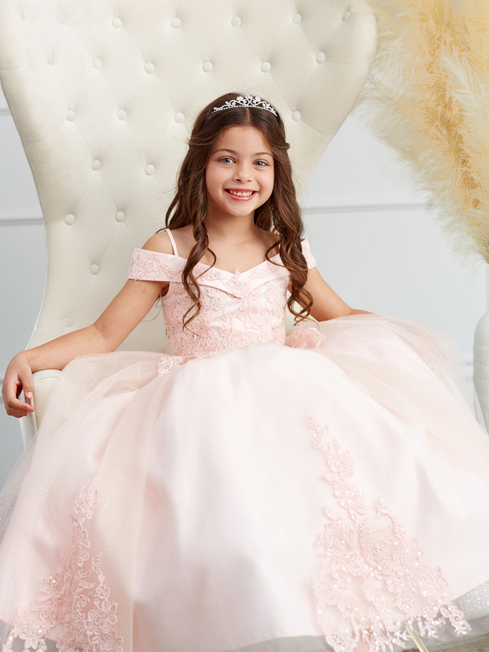 Off The Shoulder Ball Gown Mini Quince Girl Dress with Lace Applique by Tiptop Kids