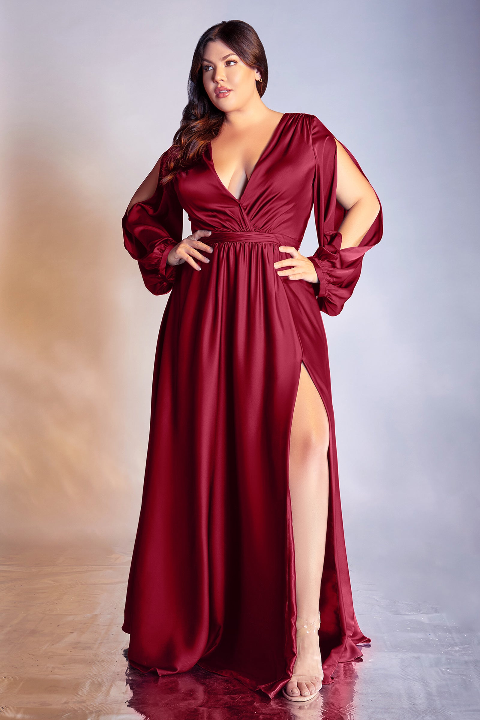 Long Sleeve Satin Slit Dress Cinderella Divine 7475C Curves