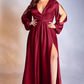Long Sleeve Satin Slit Dress - Cinderella Divine - 7475C - Curves