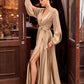 Long Sleeve Satin Slit Dress by Cinderella Divine 7475 - Special Occasion