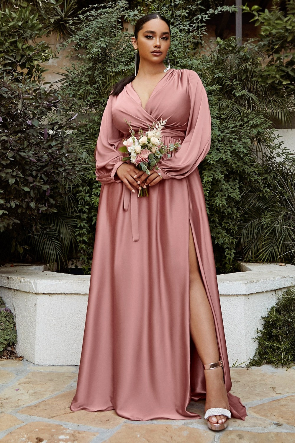 Rose-Gold Long sleeve Satin gown with slit