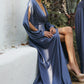 Smoky-Blue Long sleeve satin Slit gown