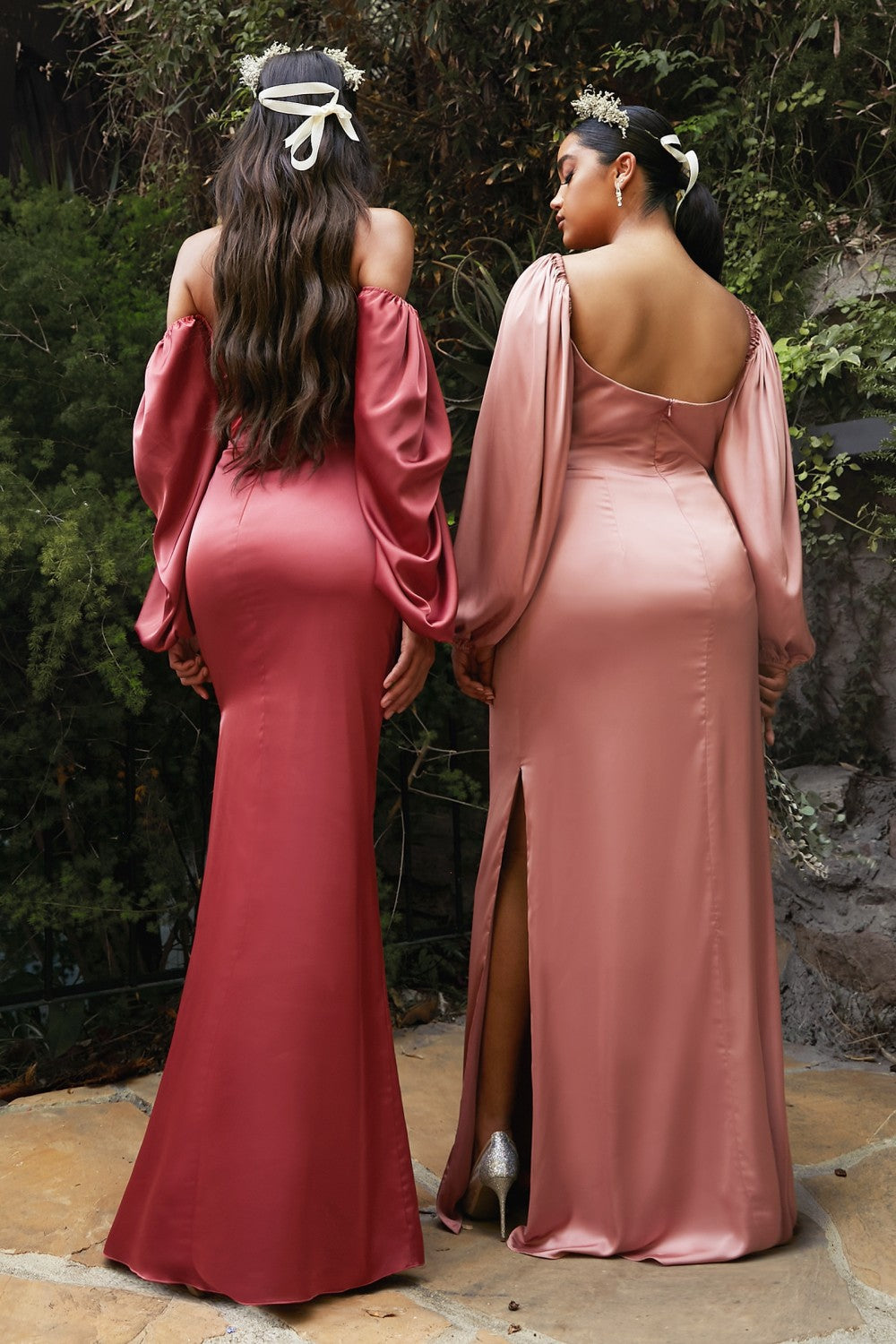 Soft Satin Off the Shoulder Long Sleeve Slit Gown by Cinderella Divine 7482 - Special Occasion