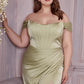 Off The Shoulder Soft Satin Corset Dress by Cinderella Divine 7484C - Curves