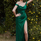 Off the Shoulder Satin Corset Slit Women Evening Formal Gown By Ladivine 7492C - Curves