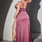 Satin V-Neck Ruched Slit Women Formal Gown By Ladivine 7494 - Special Occasion