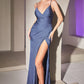 Satin Fitted V-Neck Ruched Slit Women Formal Gown By Ladivine 7494C - Curves