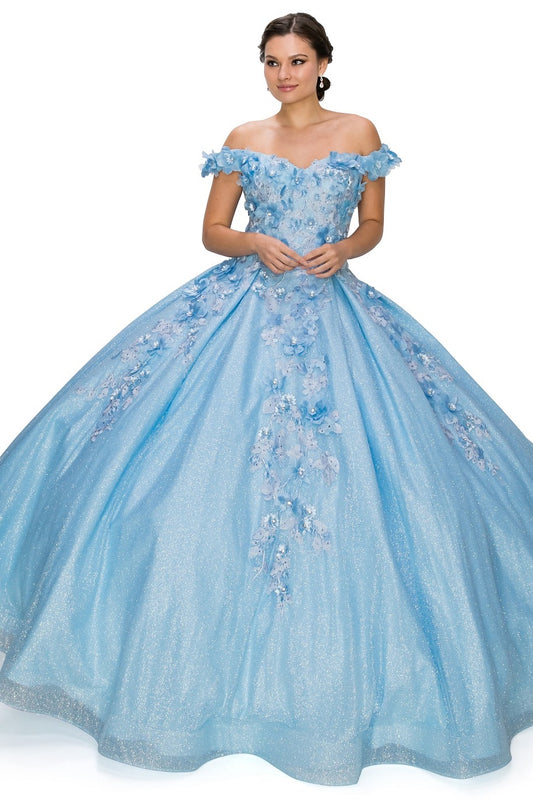 Off the Shoulder Floral Satin Quinceanera Dress by Cinderella Couture USA AS8020J-Blue