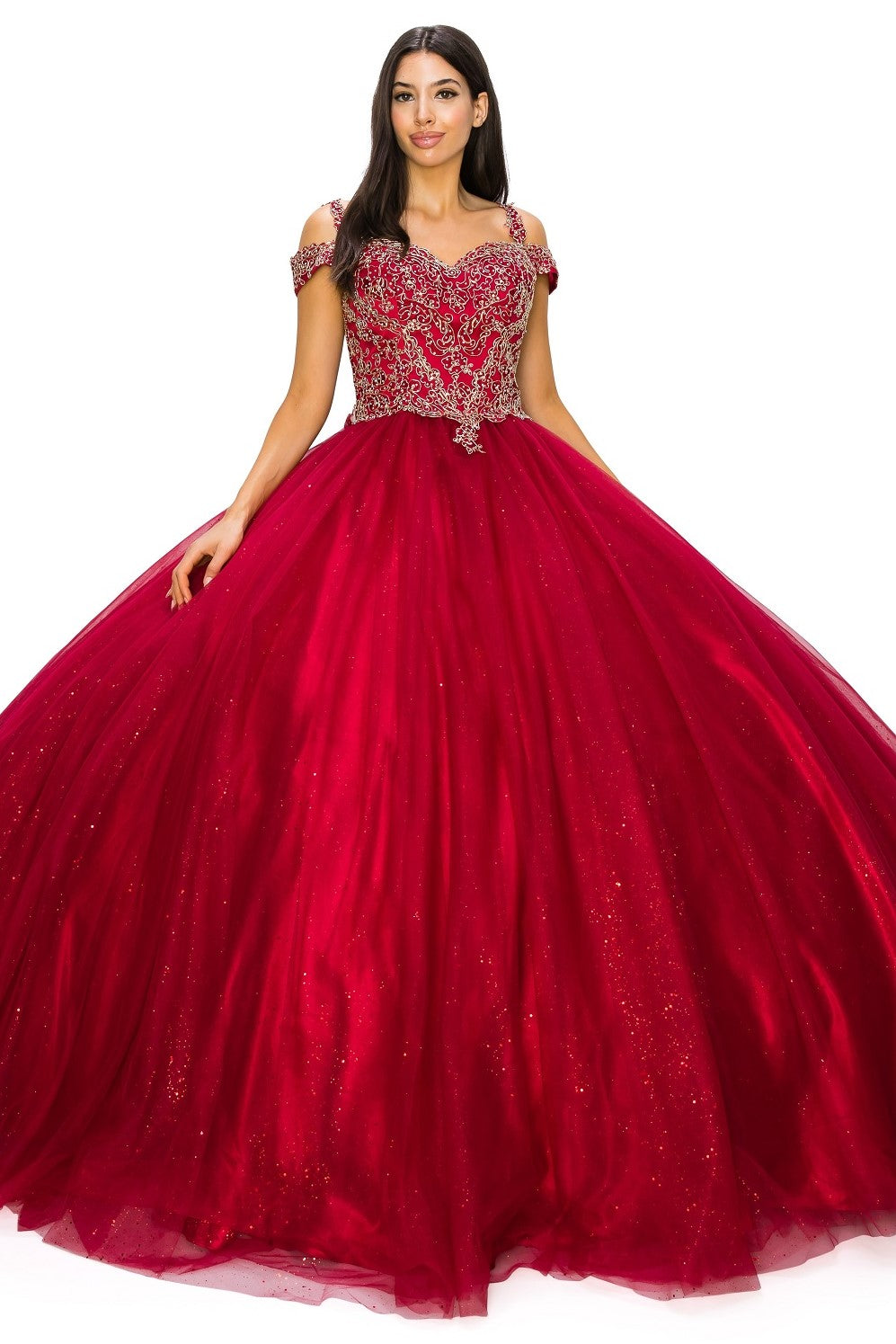 Off the Shoulder Glitter Lace Tulle Quinceanera Dresses by Cinderella Couture USA AS8028J_BURG