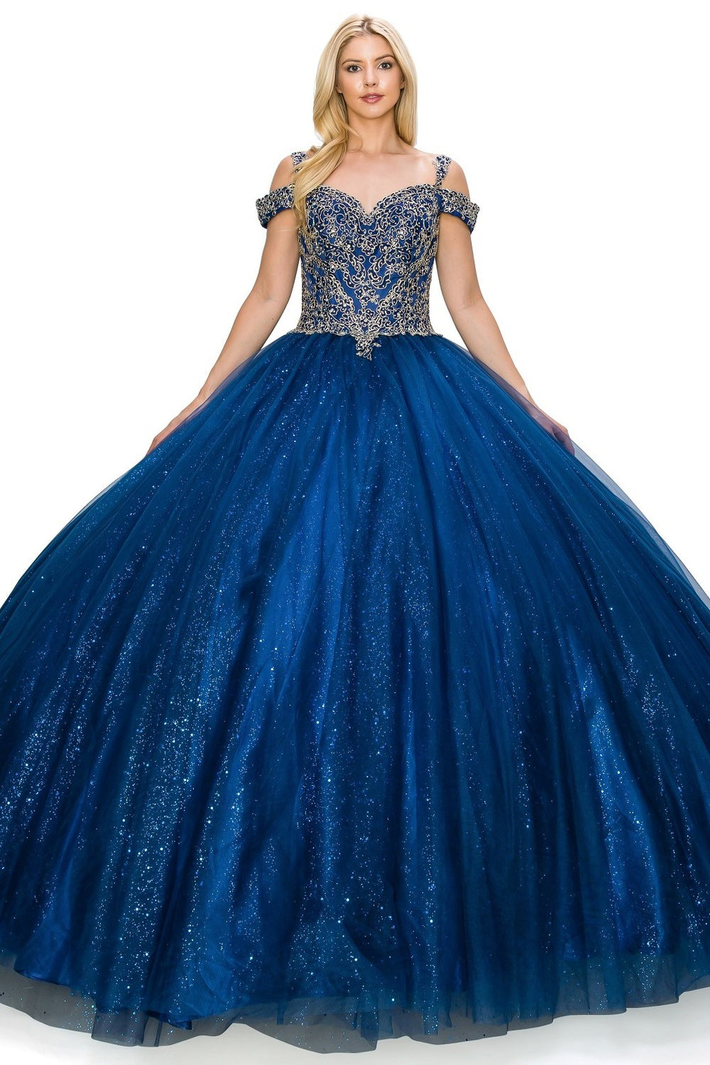 Off the Shoulder Rhinestone Tulle Quinceanera Dress by Cinderella Couture USA AS8028J_NAV