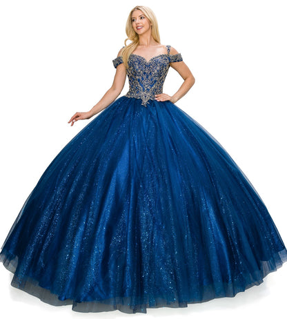 Off the Shoulder Rhinestone Tulle Quinceanera Dress by Cinderella Couture USA AS8028J_NAV