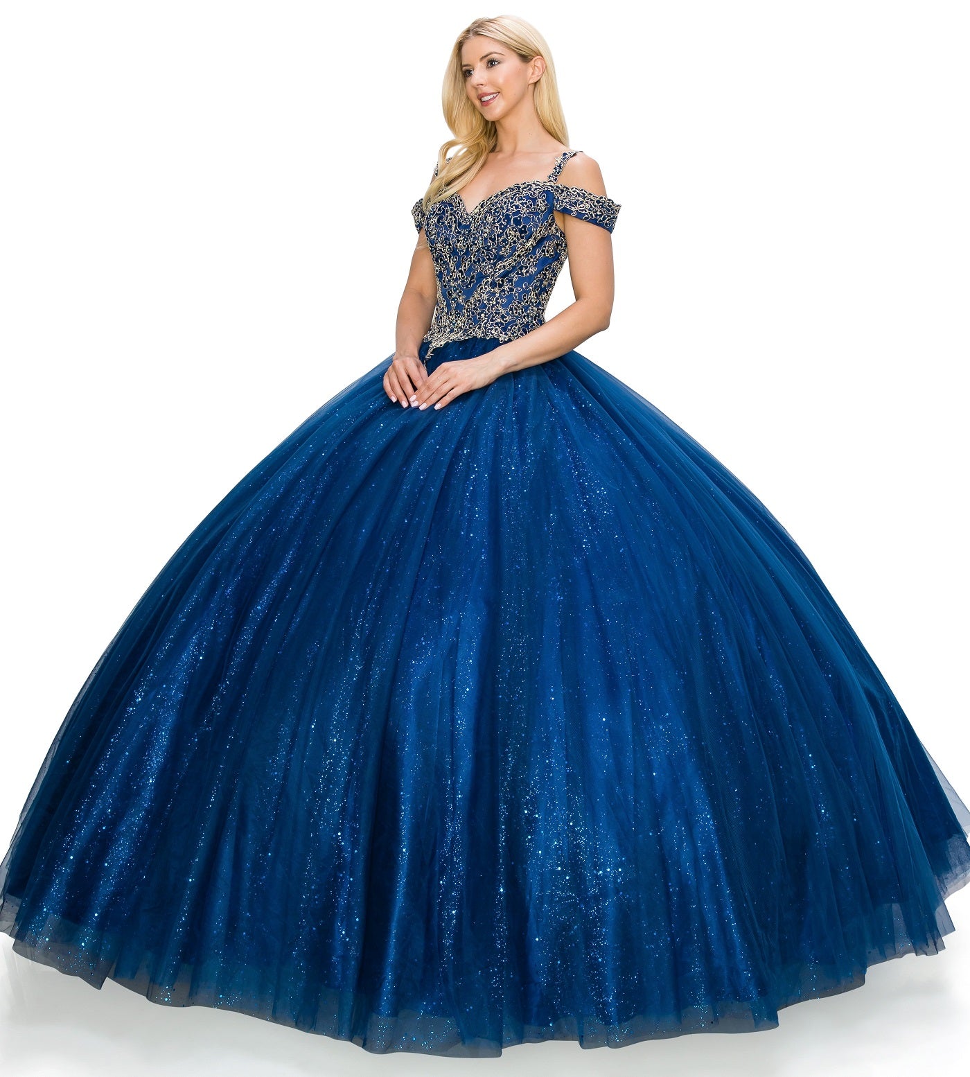 Vestido de quinceañera de tul con diamantes de imitación y hombros descubiertos de Cinderella Couture USA AS8028J_NAV