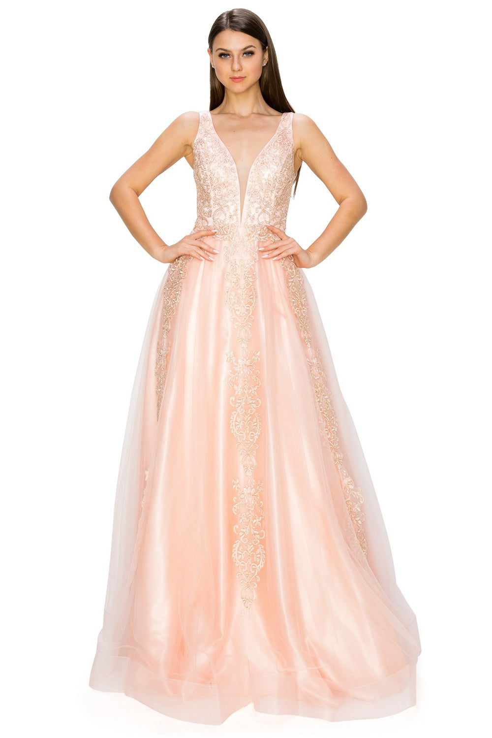 Blush Glitter Floral Lace Tulle Gown by Cinderella Couture USA AS8029J-Blush