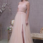 Sheer Cut Ou Floral Corset Tulle Slit Gown w/Open Back by Elizabeth K GL3152 - Women Formal Dress- Special Occasion/Curves