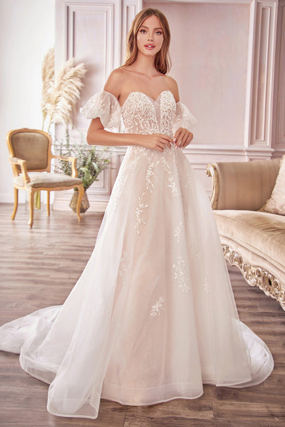 Off the Shoulder Puff Sleeve with Sweetheart Bodice A-Line Wedding Gown - Andrea & Leo Couture - A1014 