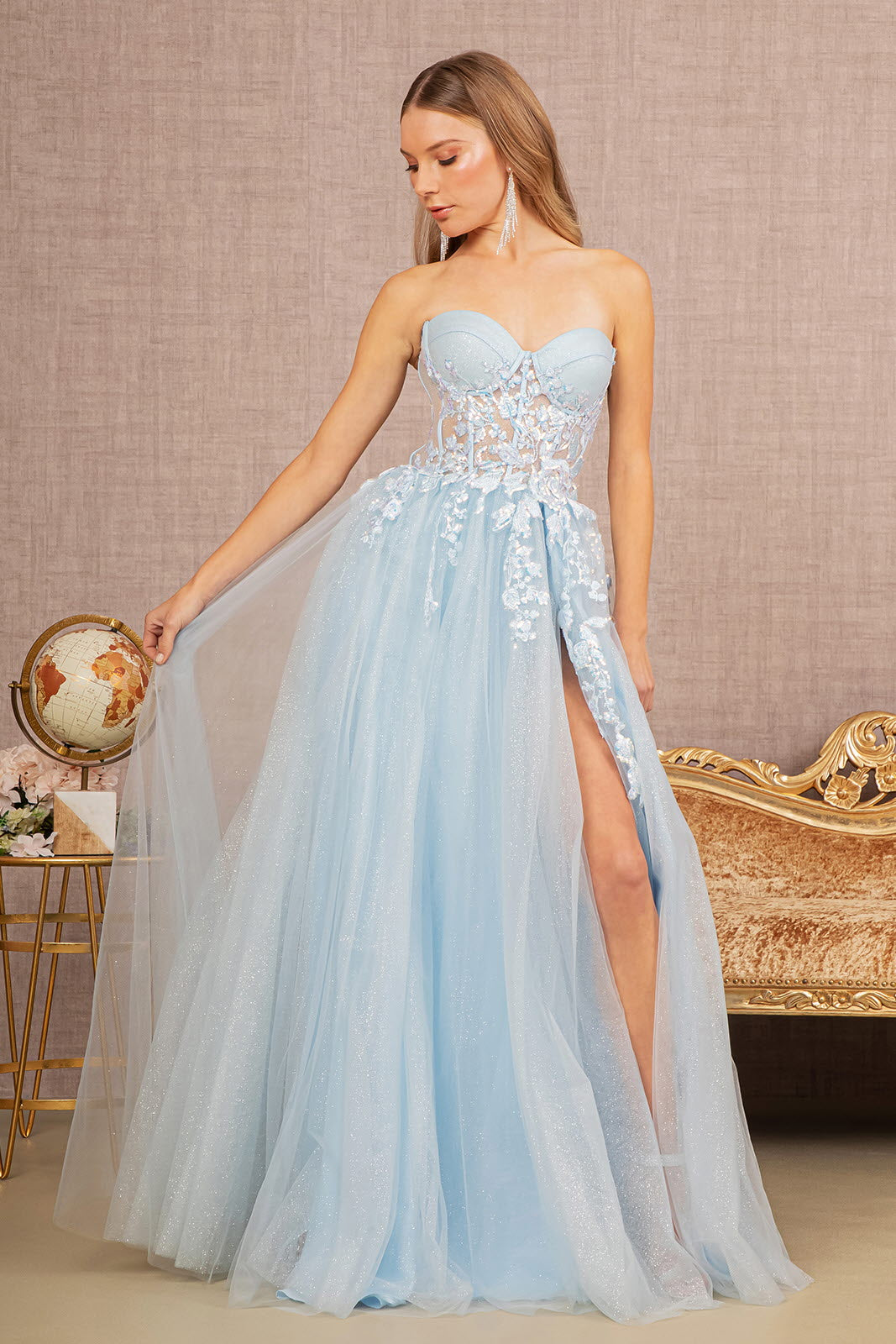 Baby-blue Embroidery Strapless A-Line Slit Women Formal Dress - GL3153 - Special Occasion-Curves