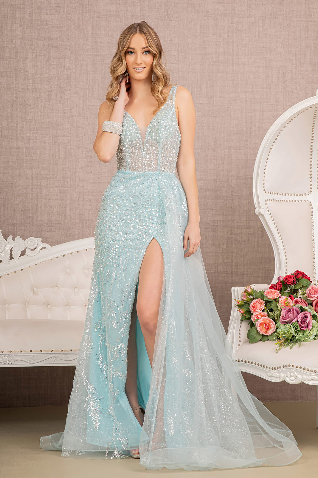 Baby Blue Illusion Sweetheart Mermaid Slit Dress GL3119 - Women Formal Dress - Special Occasion-Curves