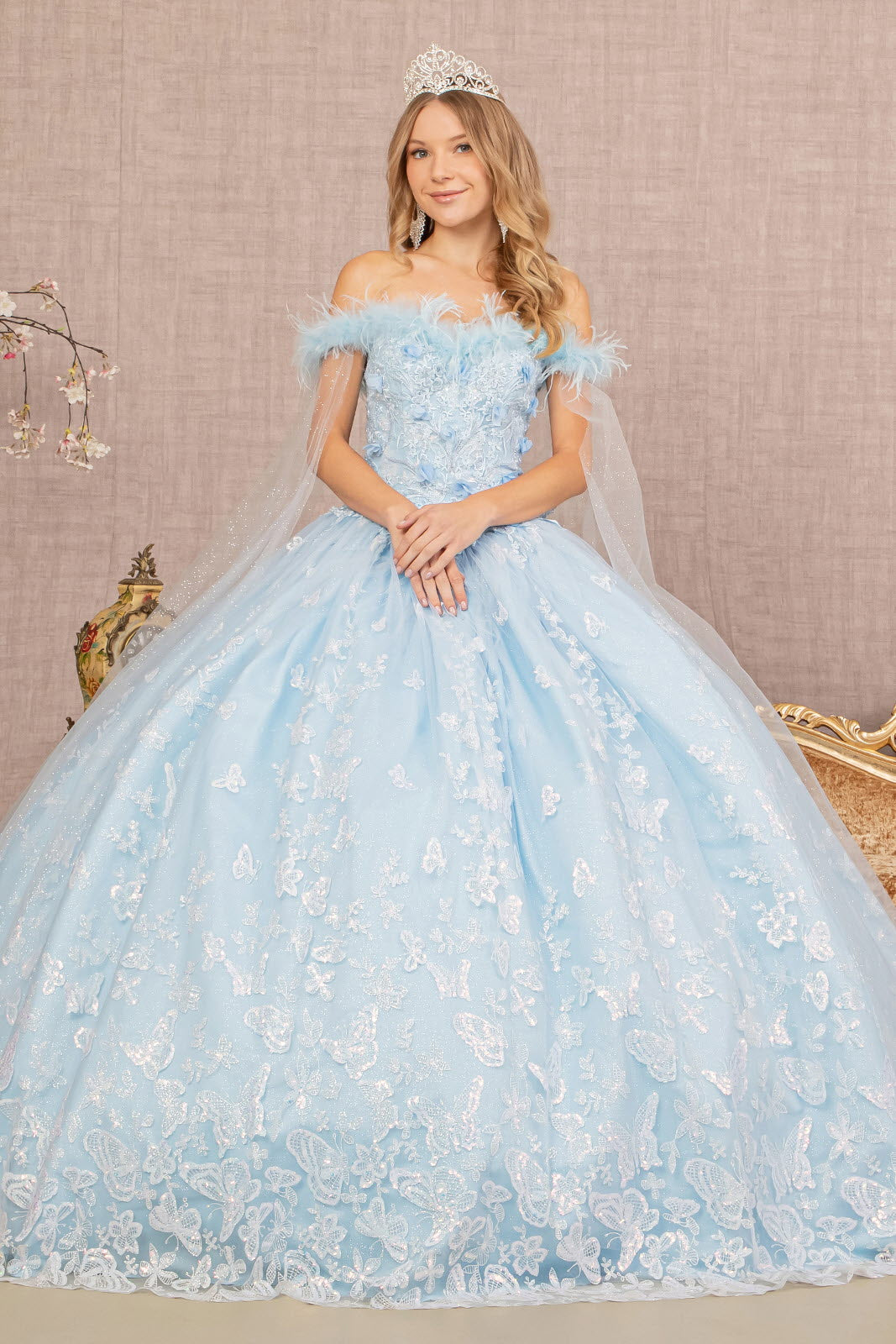 Baby Blue Off the Shoulder Feather 3-D Flower Quinceanera Dress with Detachable Side Mesh Layer - GL3166